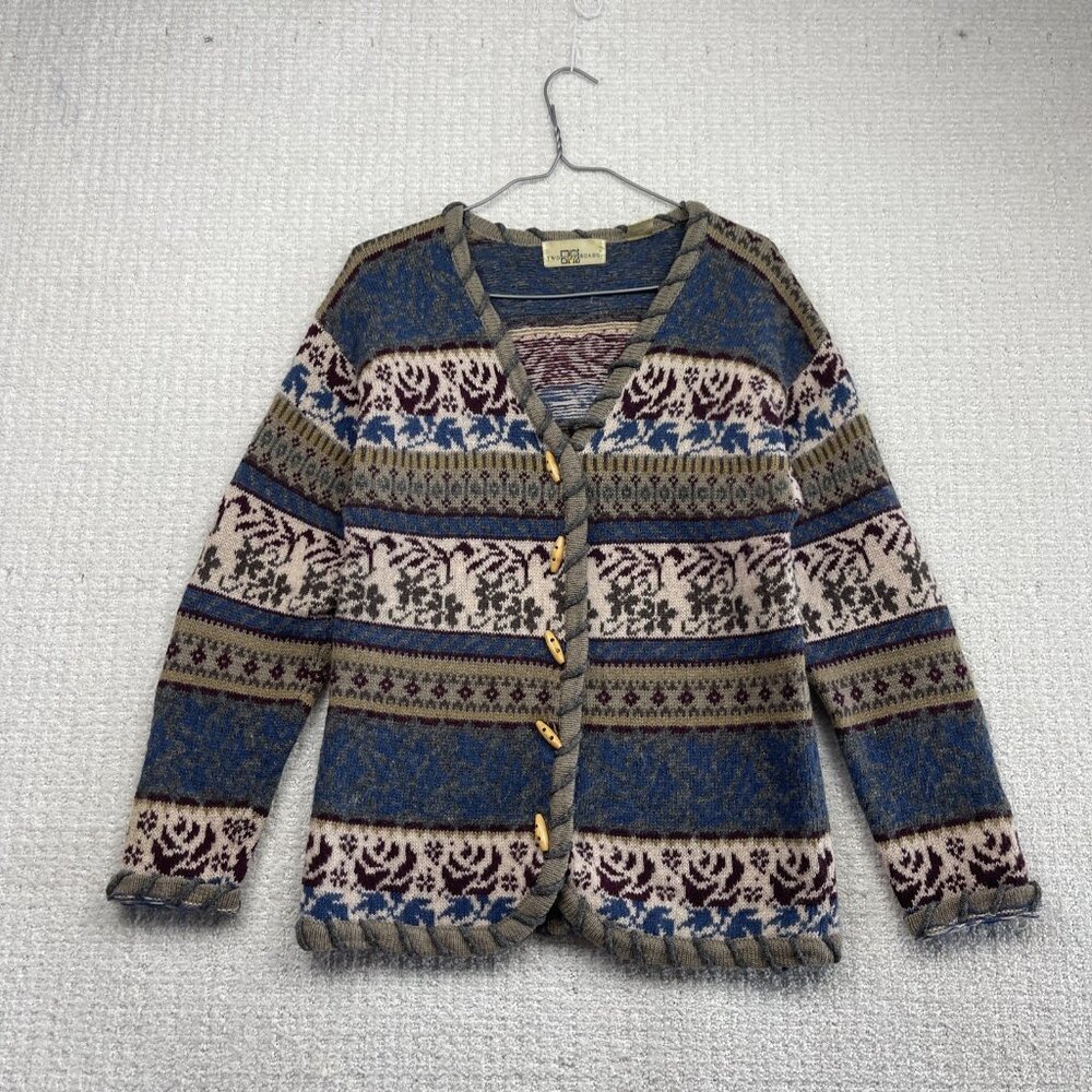 Vintage Two Roads Chunky Knit Cardigan Wom XS Boho Nordic Fair Isle Wool Sweater